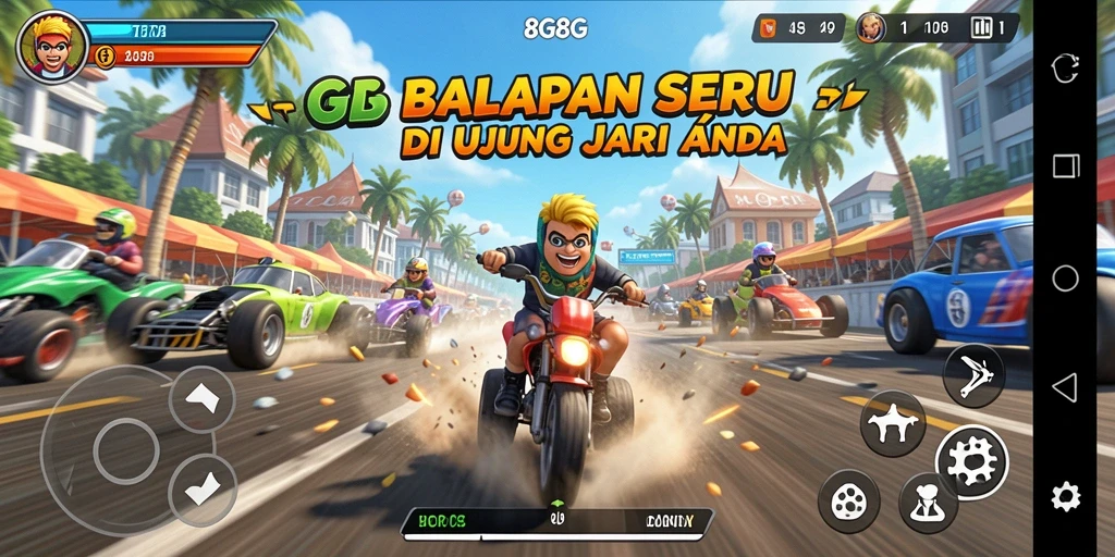 Screenshot gameplay 8G8G menampilkan balapan dengan mobil cepat di trek yang menantang.