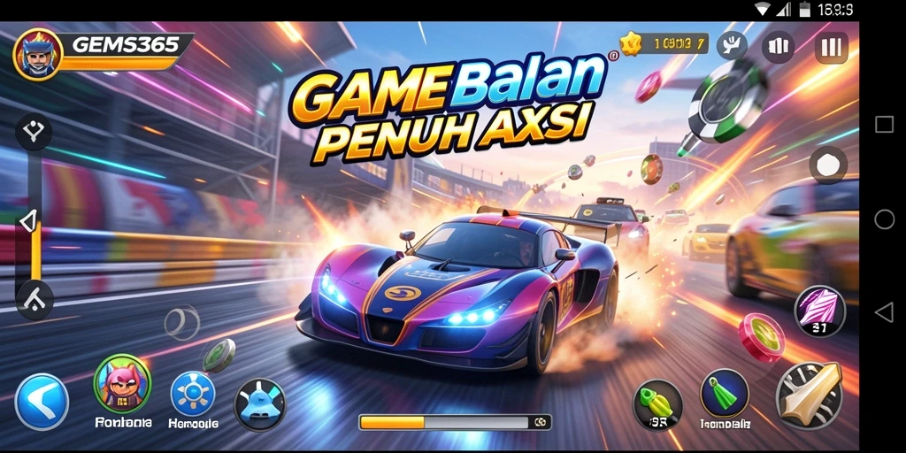 Screenshot GEMS365 menampilkan aksi balapan yang seru dan mendebarkan.