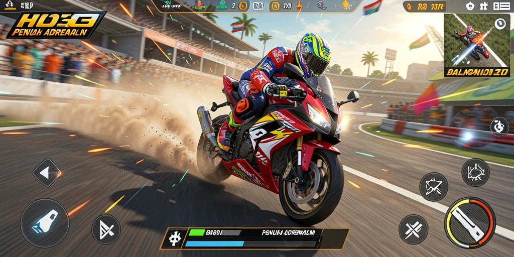 Screenshot gameplay HO3 menunjukkan motor melaju cepat di lintasan balap yang menantang.