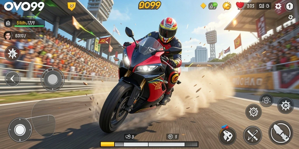 Tampilan gameplay OVO99 yang mendebarkan saat balapan motor.