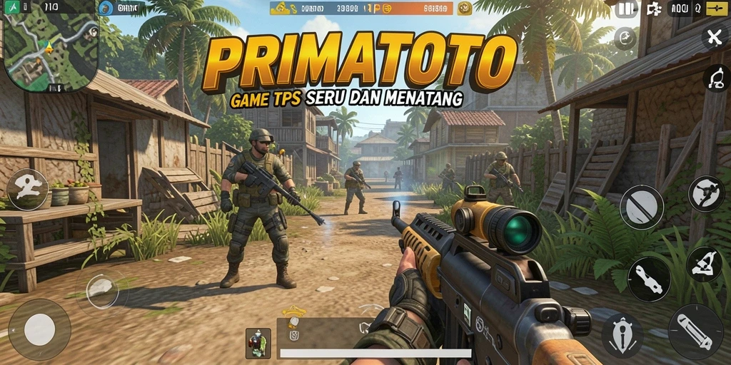 Screenshot gameplay PRIMATOTO yang menunjukkan aksi menembak yang intens.